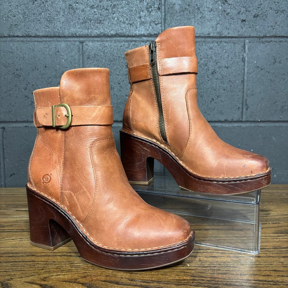 Born Brown Leather Platform Ankle Boots Block Heel Buckle Y2K Women’s 6.5